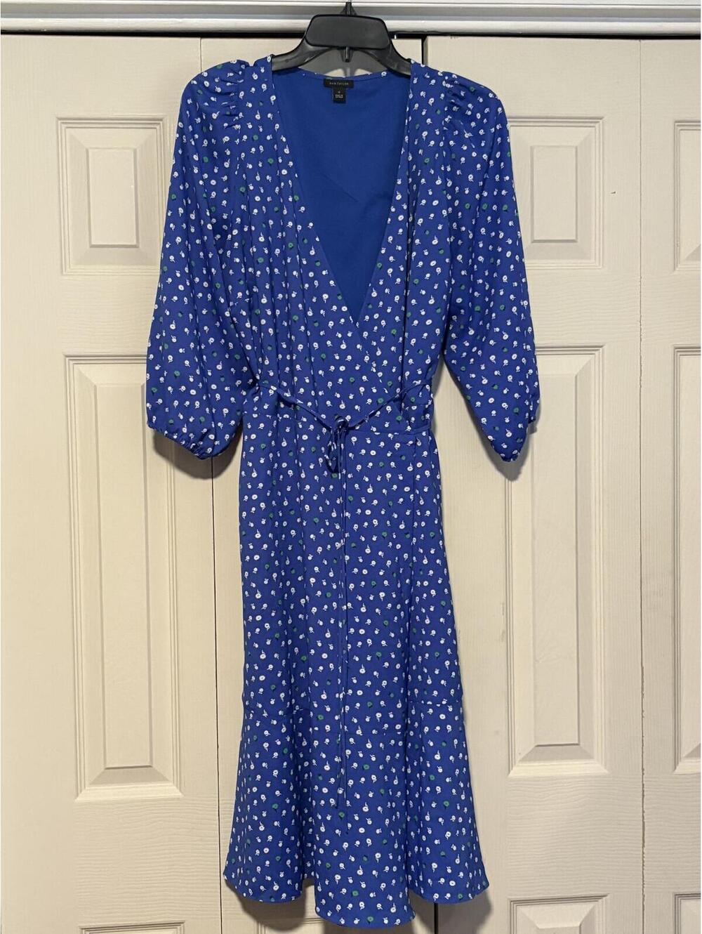 Ann Taylor Blue Floral Wrap Midi Dress Cottagecore Coastal Grandmother Feminine